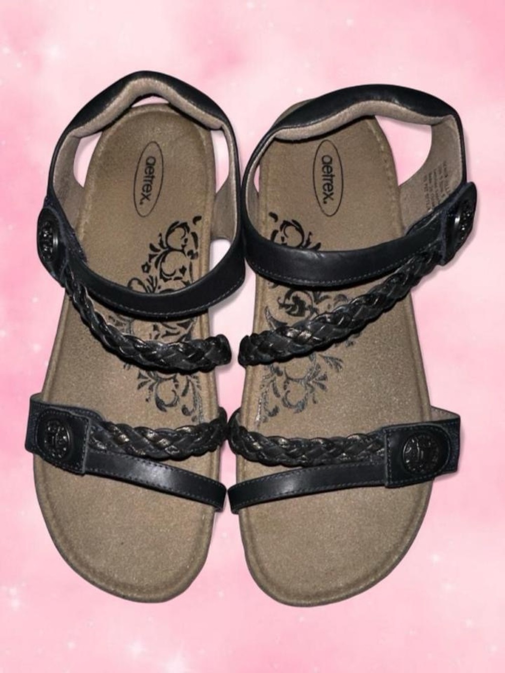 Aetrex Black Braided Strap Comfort Sandals